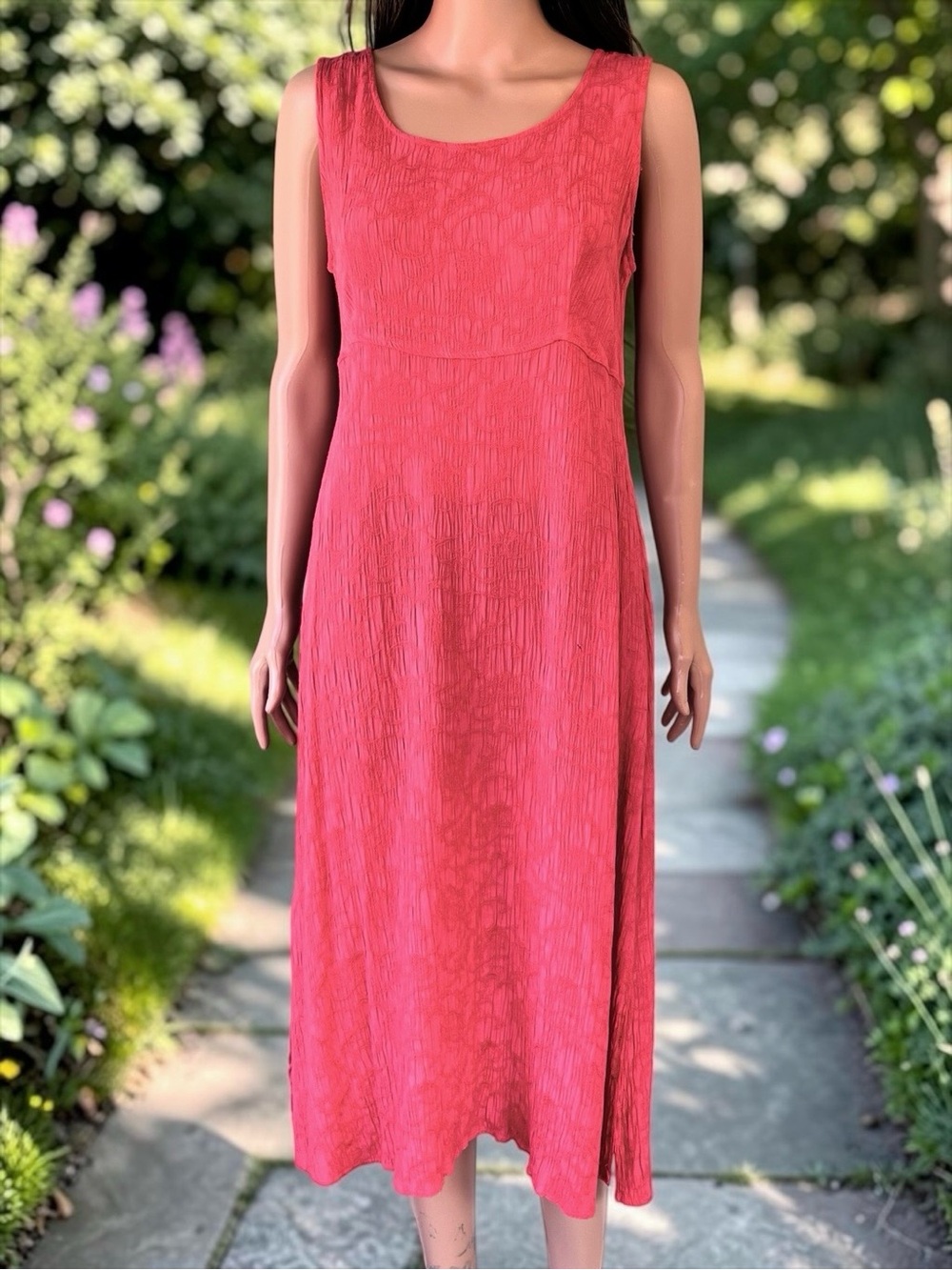Vintage 90s Karin Stevens Coral Rayon Midi Dress Petite Textured Sleeveless 12P